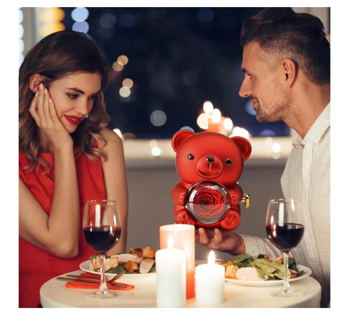 Romantic Teddy Bear with Preserved Rose – Red
