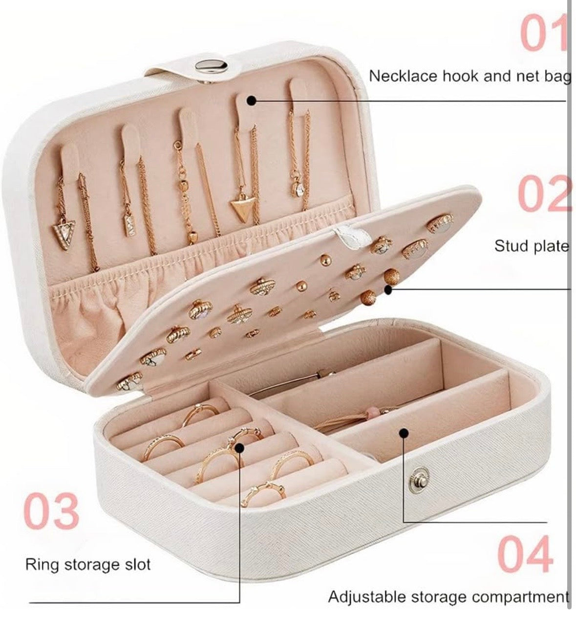 Dealmo Luxury Travel Jewelry Organizer Box – PU Leather, Compact & Multi-Slot (Ivory Pink)