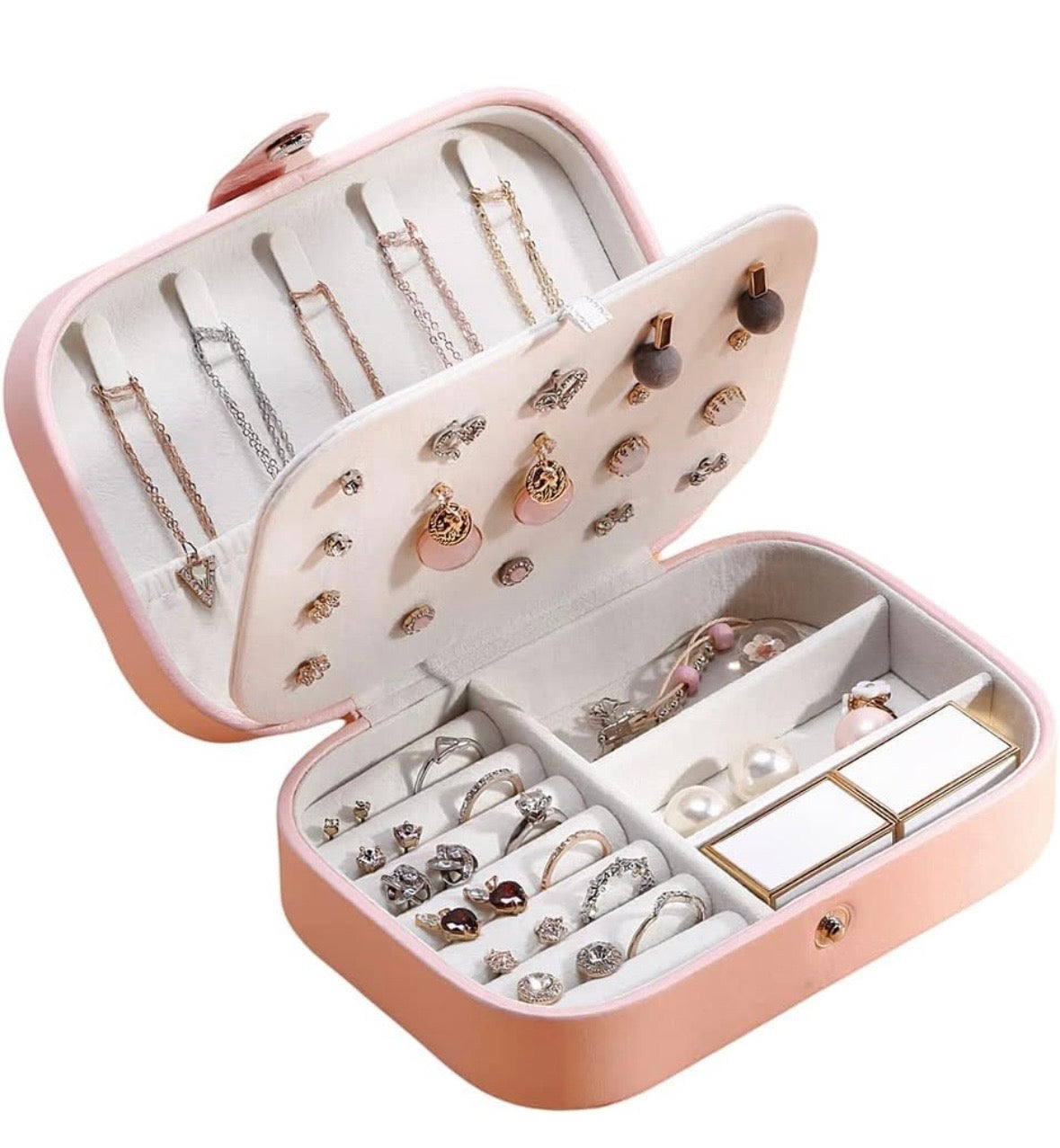 Dealmo Luxury Travel Jewelry Organizer Box – PU Leather, Compact & Multi-Slot (Ivory Pink)