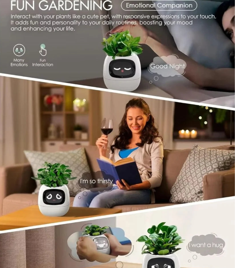 Smart Flowerpot (White) – AI Smart Pet Planter with Mood Expressions & 7 Sensor Suite