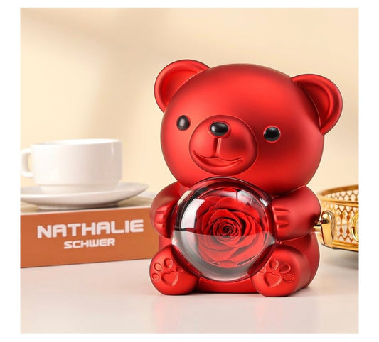 Romantic Teddy Bear with Preserved Rose – Red