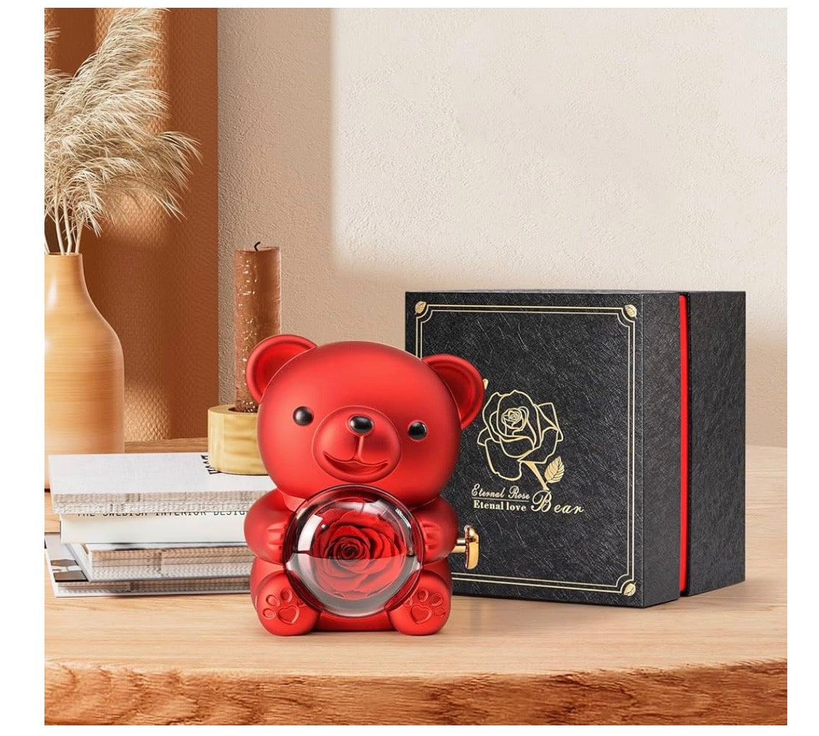 Romantic Teddy Bear with Preserved Rose – Red