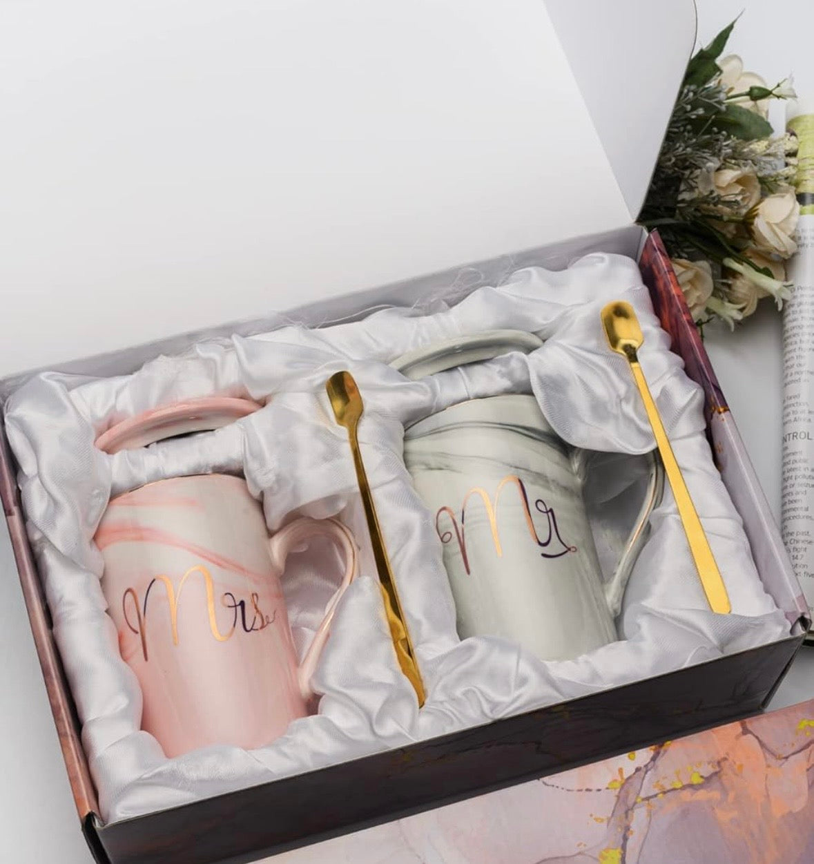 Mr. & Mrs. Marble Ceramic Mug Set (with lids & golden spoons)