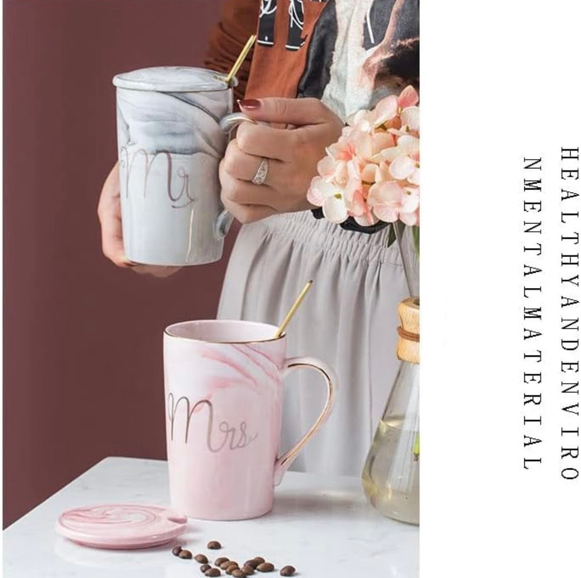 Mr. & Mrs. Marble Ceramic Mug Set (with lids & golden spoons)