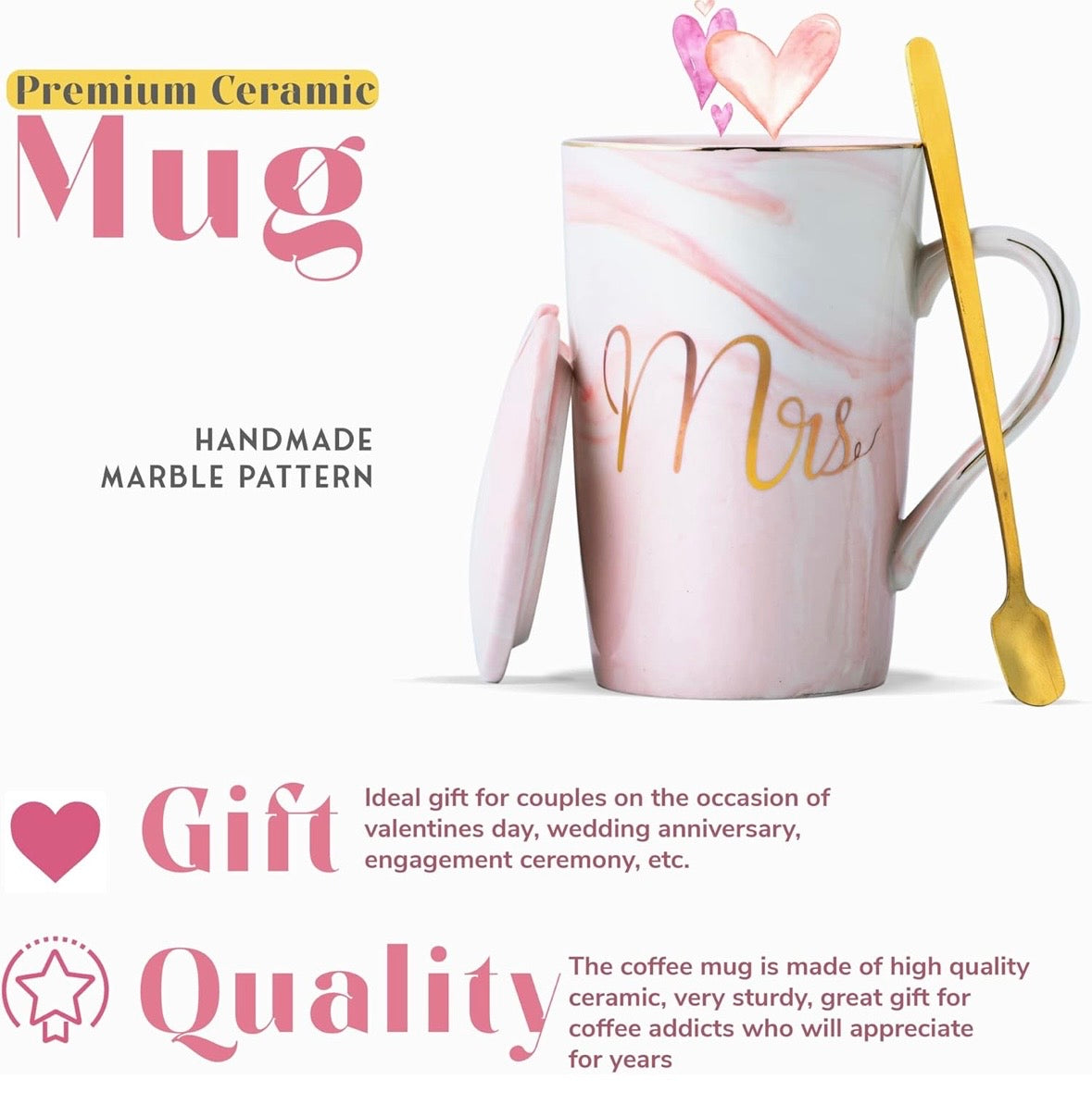Mr. & Mrs. Marble Ceramic Mug Set (with lids & golden spoons)