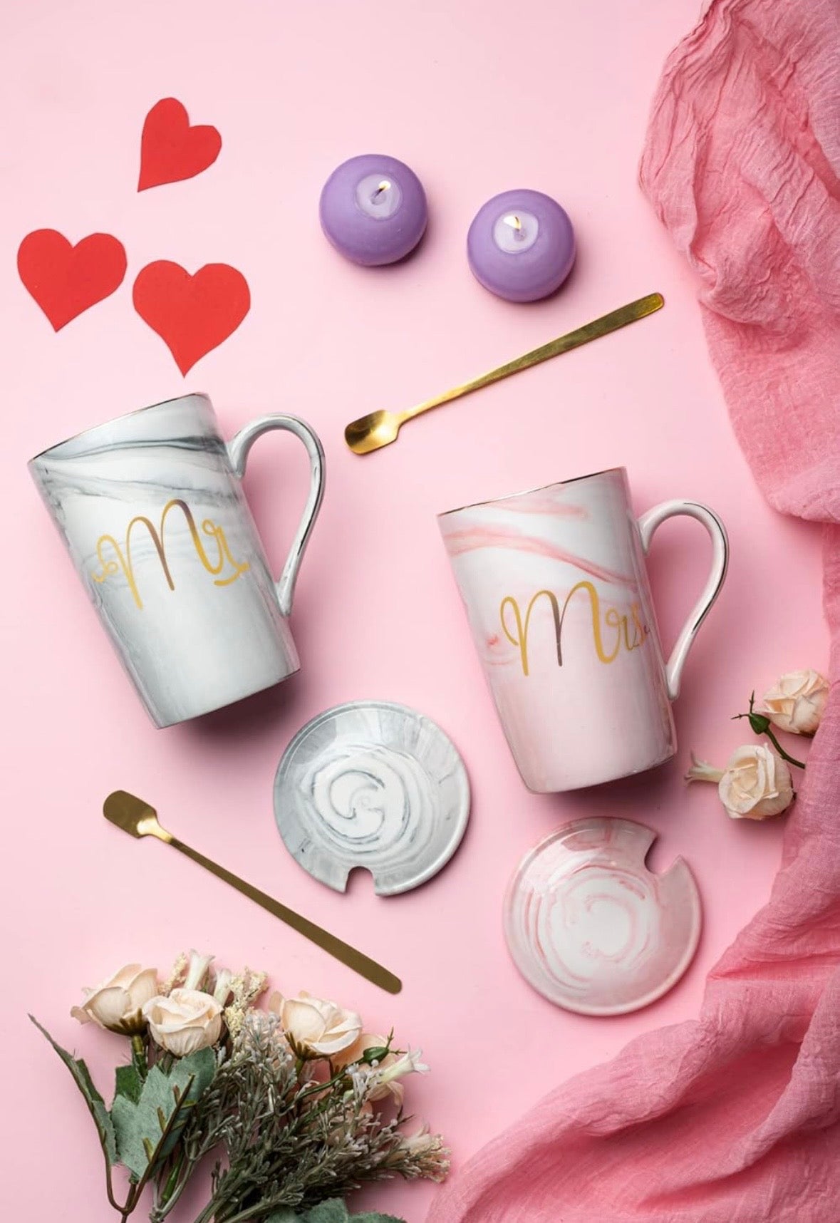Mr. & Mrs. Marble Ceramic Mug Set (with lids & golden spoons)
