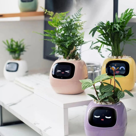 Smart Flowerpot (White) – AI Smart Pet Planter with Mood Expressions & 7 Sensor Suite