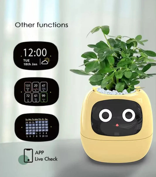 Smart Flowerpot (White) – AI Smart Pet Planter with Mood Expressions & 7 Sensor Suite